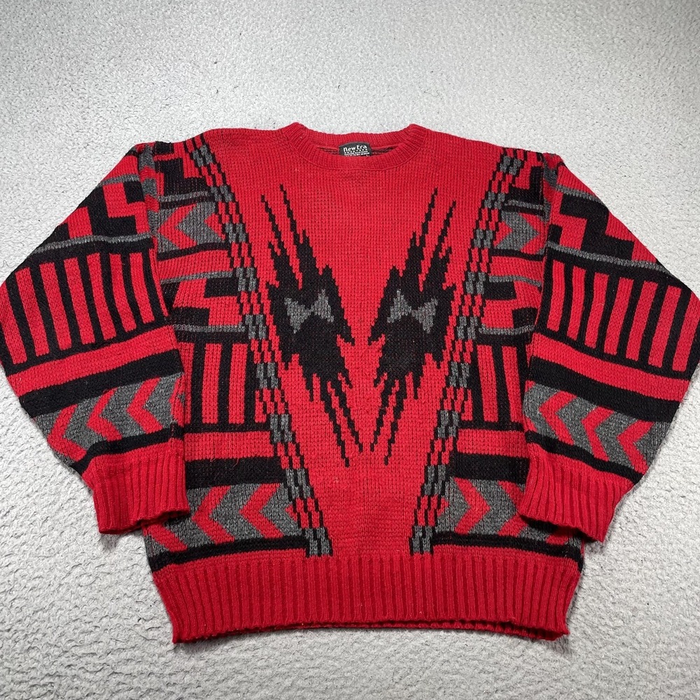 Vintage New Era Sweater Mens‎ L Red Black Geometric Knit Crewneck Pullover USA